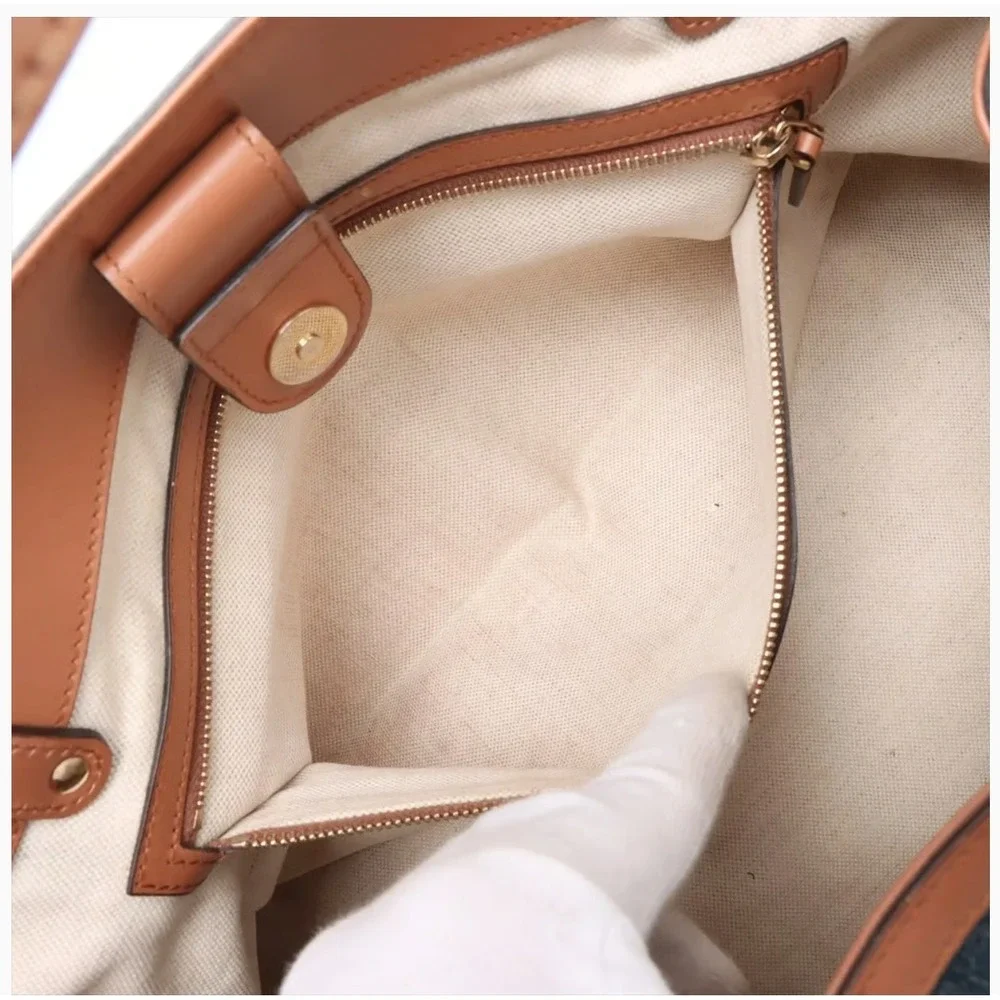 GUCCI Craft Logo Navy Denim & Tan Leather Tote Bag - Picture 5 of 5